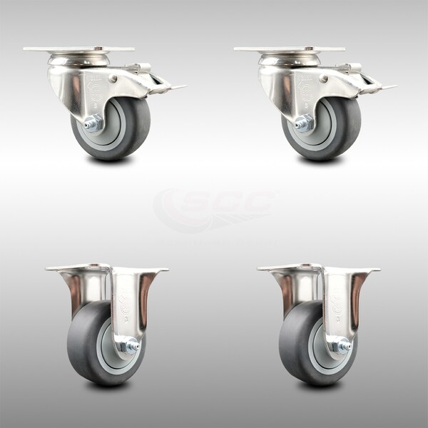 3 Inch 316SS Thermoplastic Rubber Swivel Plate Caster Lock Brake 2 Rigid, 2PK